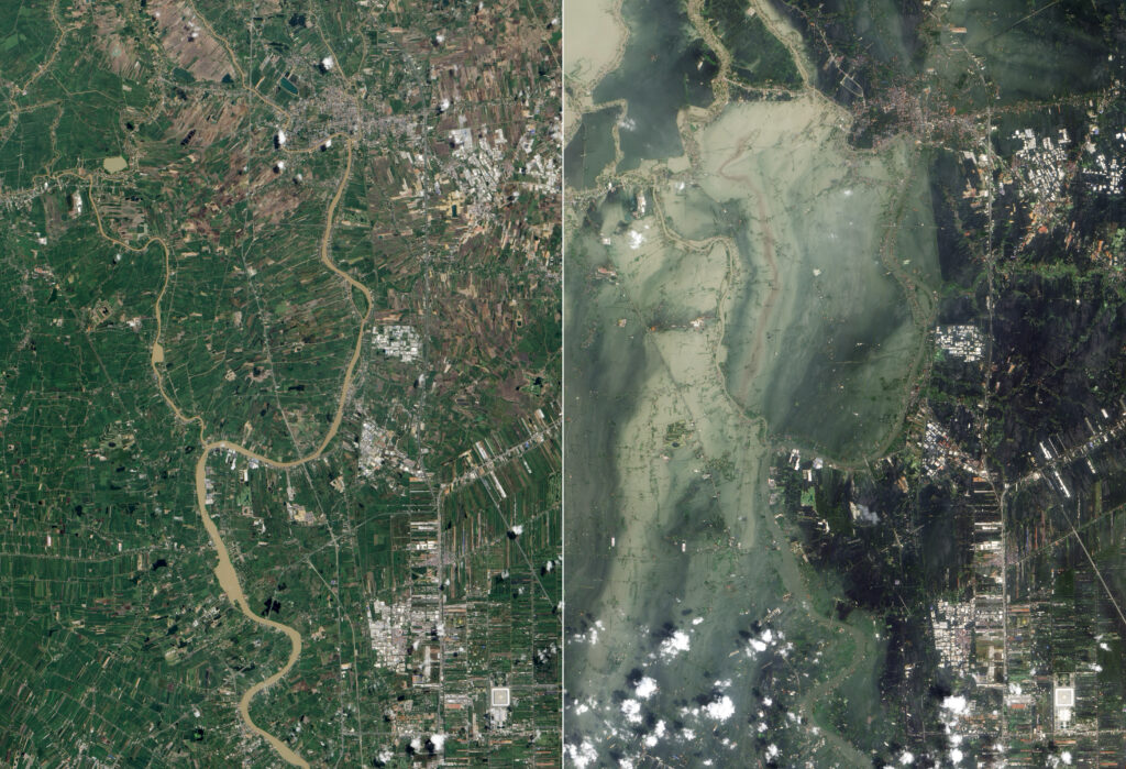 2011 Flooding in Ayutthaya and Pathum Thani Provinces in October (right), compared to before the flooding in July (left)
